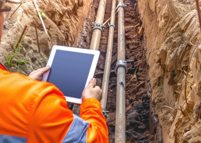 Engineer in high-visibility gear using a tablet to inspect underground pipelines in a trench. This image showcases the critical work of monitoring and maintaining infrastructure. Engineer in high-visibility gear using a tablet to inspect underground pipelines in a trench. This image showcases the critical work of monitoring and maintaining infrastructure.